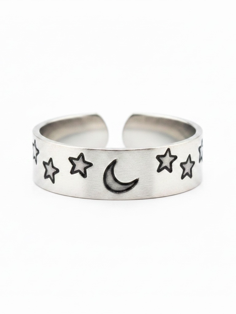 Handmade Moon &‎ Stars hypoallergenic silver tone Adjustable Band Cuff Ring